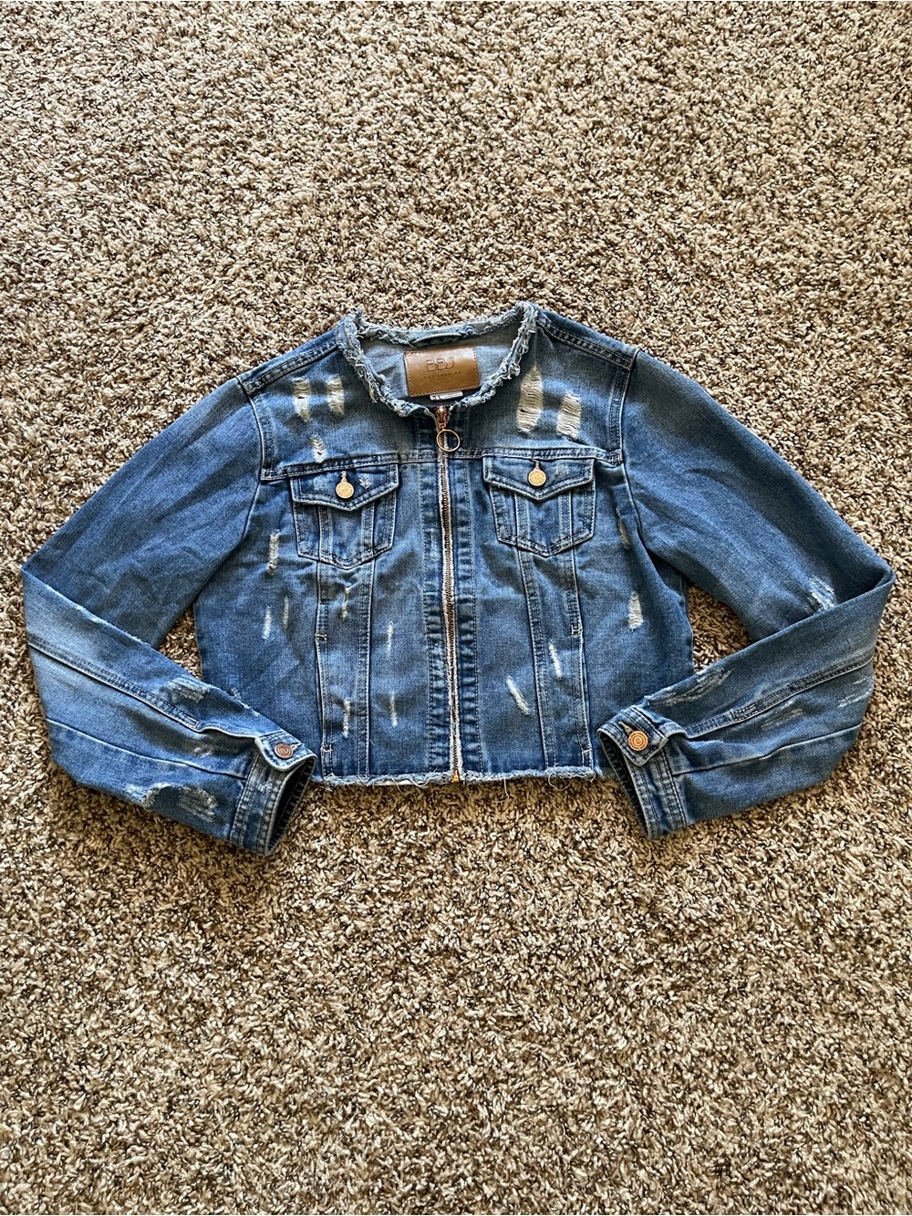 BBJ Los Angeles Womens Denim Jacket Size L Distressed Cropped Zip Up Frayed Blue